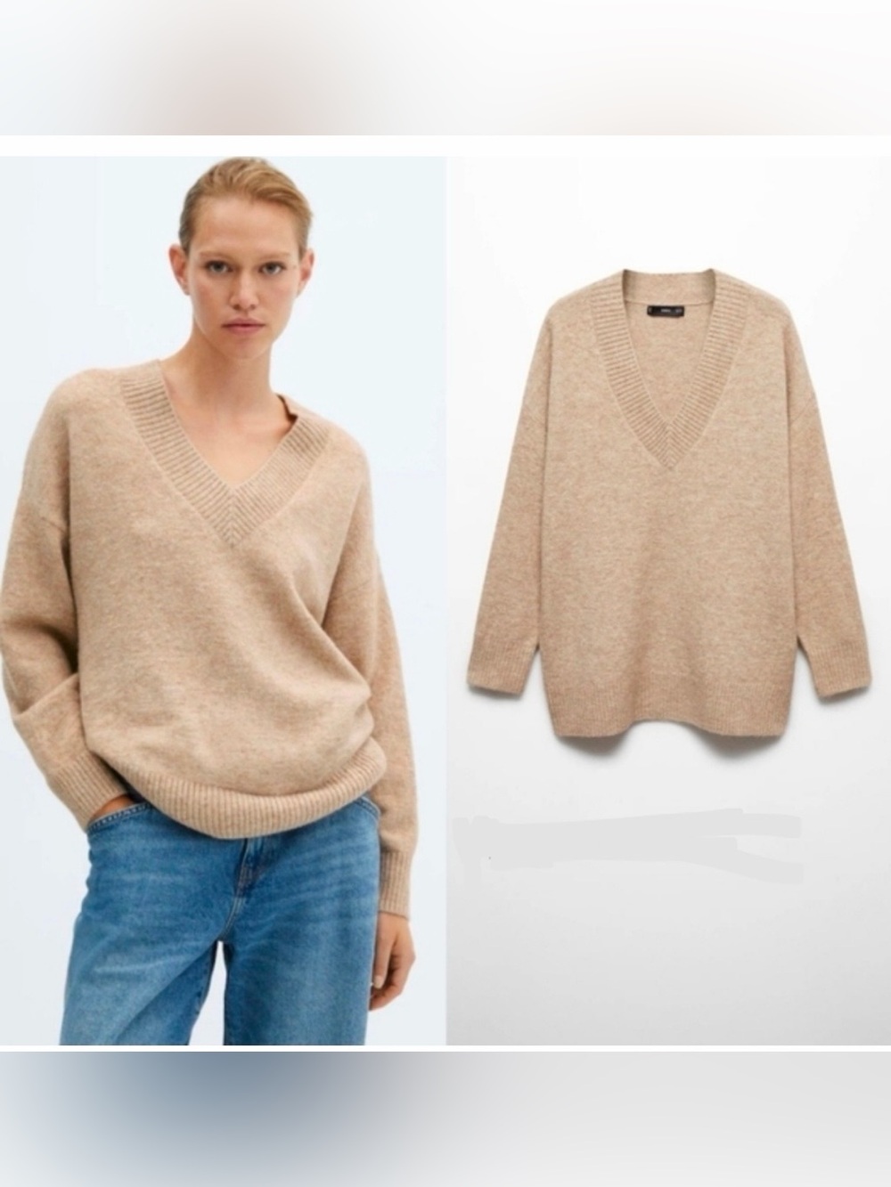 Mango Beige Oversized V-Neck Women's Sweater